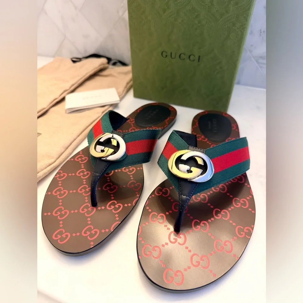 NIB Gucci GG Web-Strip Thong Sandals with Green-Red Strap & Mixes GG Metals - Picture 2 of 6